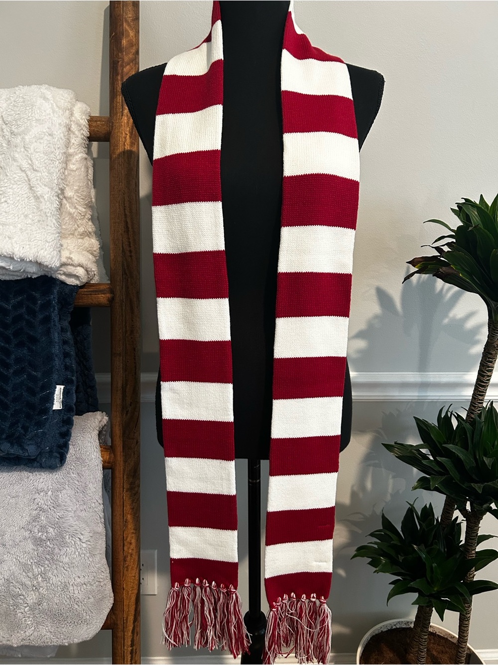 Cejon Red and White Striped Knit Scarf with Fringe Tassels